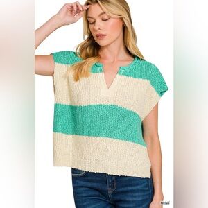 Zenana Split Neck Sleeveless Stripe Sweater